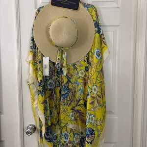 Adrienne Vittadini Yellow and Blue Floral Cover-Up with Hat